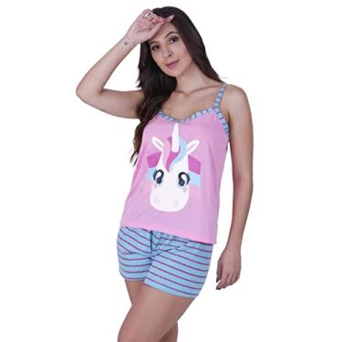 Imagem de Pijama Verão Short Alça Unicórnio Âncora Friends Girafa Vaquinha Flamingo Terra e Mar Tamanho:G;Cor:Rosa;Genero:Mulher