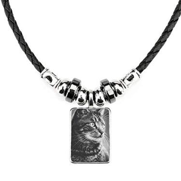 Imagem de DIYthinker Colar de gato branco preto perfil de animal selvagem joia pingente de corda de couro torque