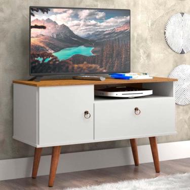 Imagem de Rack para TV até 32 Polegadas 1 Porta e 1 Gaveta Sala De Estar Yan Branco Acetinado/Cumaru