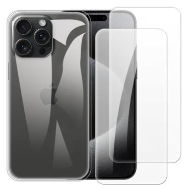 Imagem de Shantime Capa compatível com iPhone 15 Pro Max + [pacote com 2] película protetora de tela de vidro temperado - silicone TPU flexível macio para iPhone 15 Pro Max (6,7 polegadas) (transparente)
