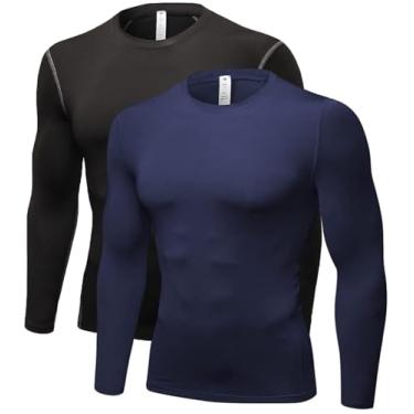 Imagem de Camisas masculinas de compressão de manga comprida, roupa íntima esportiva seca fresca para treino, camiseta atlética, camada de base, pacote com 1/2, 2 peças, azul marinho + preto, GG