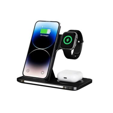 Imagem de Carregador Sem Fio Rápido, Indução, Wireless, 3 em 1, 15W Dobrável, Estação de Carregamento Compatível com iPhone Apple Watch AirPods com LED KAIDI KNC9097