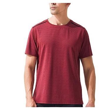 Imagem de Camiseta masculina atlética manga curta solta de secagem rápida listrada camiseta elástica 4 vias lisa academia, Vermelho, XXG