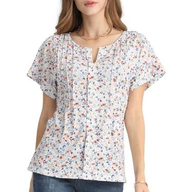 Imagem de NWFZCCP Camisas femininas franzidas com gola V - blusas de negócios, blusas casuais para o verão, Estampa floral branca, M