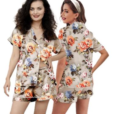Imagem de 3 peças de pijama de seda PP-4GG feminino pijama de cetim curto floral pijama noiva macio pijama conjunto de shorts, Champanhe pálido - a11, P