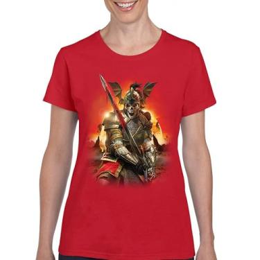 Imagem de Camiseta Apocalypse Reaper Fantasia Esqueleto Cavaleiro com Espada Medieval Criatura Lendária Dragão Mago Camiseta Feminina, Vermelho, GG