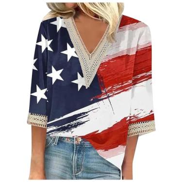 Imagem de Camisetas femininas 4th of July Stars Stripes Red and Blue Tees verão solto casual tricô gola V gráfico bandeira EUA tops, Azul marino, G
