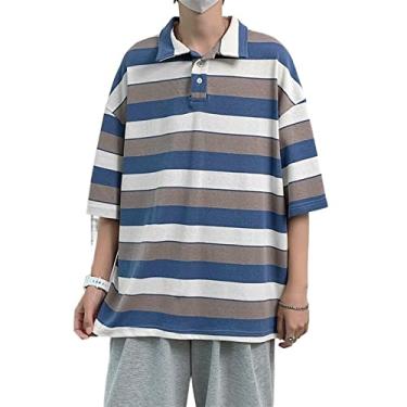 Imagem de Polos masculinos de poliéster colorido bloco camisa camisa regular ajuste colarinho fino leve ao ar livre casual(Color:Blue,Size:M)