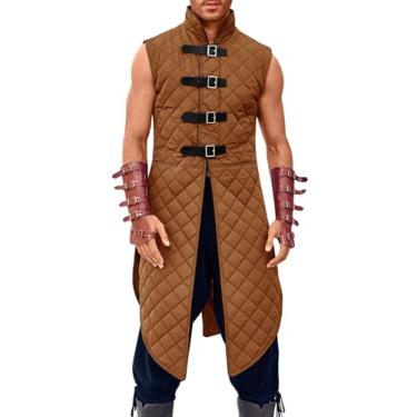 Imagem de Runcati Colete masculino acolchoado Gambeson sem mangas Aketon Armor Medieval Knight Surcoat Halloween LARP vestido fantasia, Marrom, G