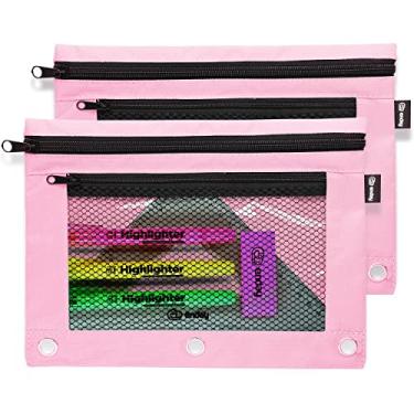 Imagem de Estojo grande para lápis de 3 anéis rosa, estojo de malha com zíper para canetas, bolsa de cosméticos, recipiente de armazenamento, também disponível em vermelho, roxo, verde, azul, cinza, preto, 2 peças