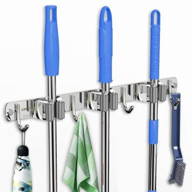 Imagem de LUMAI Suporte de Pendurar Vassoura Aço Inoxidável 304 Premium, Organizador de Vassouras,Instalação com Parafusos de Inox ou Adesivo 3M, Pendurador de Vassoura Prata