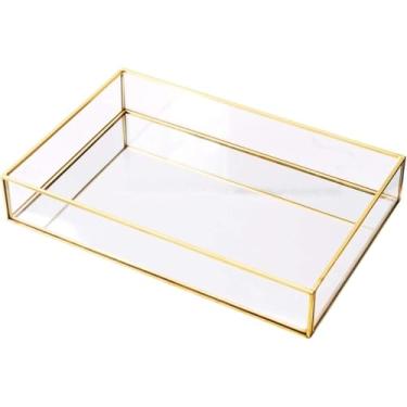 Imagem de Bandeja Organizadora Retangular em Vidro Decorativa com Borda Dourada e Fundo Espelhado (Média | 29x18x6,5cm)