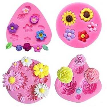 Imagem de 4 peças/conjunto de mini moldes de fondant de flores e folhas, moldes de pasta de goma de silicone rosa margarida girassol para decoração de topo de bolo de cupcake folhas pequenas chocolate doce