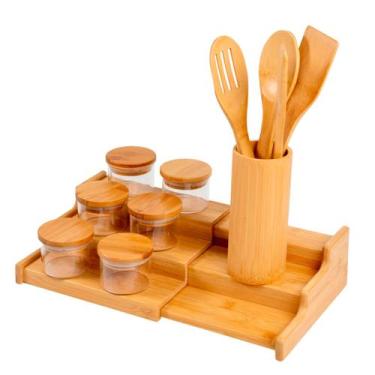 Imagem de Kit 6 Potes 110mL Tampa Bambu, Rack Organizador e 4 Utensílios - Oikos