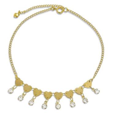 Imagem de Tornozeleira Coração Liso e Pontos de Luz em Zirconia Banhada Ouro 18k