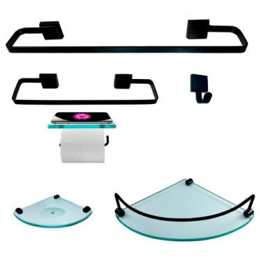 Imagem de Kit Para Banheiro Platinum Luxo Premium Preto Vidro Modelado Incolor -