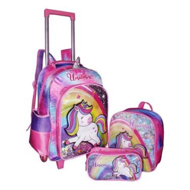 Imagem de Kit Mochila Unicórnio Juvenil Escolar Meninas Rosa Infantil  - Denlex,
