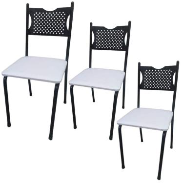 Imagem de Kit 3 Cadeira para Cozinha MC Tubular Almofadada Estrutura Preta com Assento Branco