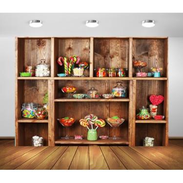 Imagem de BELECO 2,4 x 1,8 m Tecido Doces Loja de Doces Pano de Fundo Doces em Frascos Pirulito Bengalas de Doces Prateleiras de Madeira Fundo Doces Tema Bebê Crianças Decorações de Festa de Aniversário