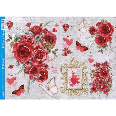 Imagem de Papel Decoupage Rosas e Coração Pdz-001 24,5x33cm Litoarte