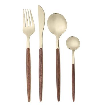 Imagem de Faqueiro 24 Pçs Inox e Estampa de Madeira Organic Dourado