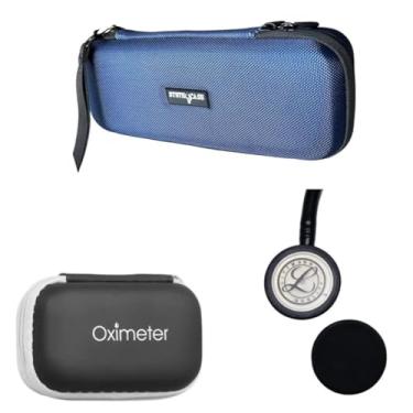 Imagem de 3 EM 1 Case Estojo para Estetoscopio Littmann 3M, Bic E Estojo Porta Case De Oximetro De Pulso De Dedo, Protetor de Diafragma Campanula (Stethocase Azul + oxi preto + Protetor)