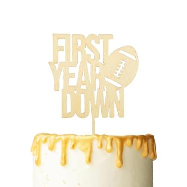Imagem de First Year Down Cake Topper - Wooden Football Theme 1st Birthday Decorations Supplies for Baby Shower/Gender Reveal Party/Baby Party Photo Booth Props