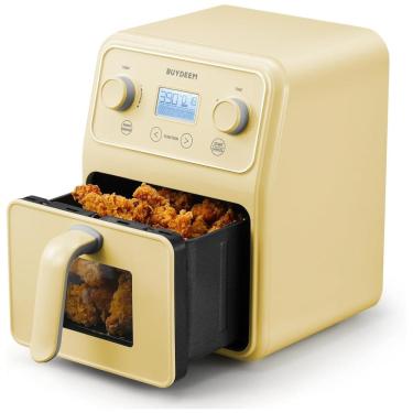 Imagem de Forno Airfryer 4 Litros 8 em 1 com Janela Retrô e Lembrete de Agitar, 110V 1200W, Buydeem, Amarela