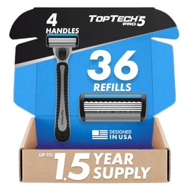 Imagem de Aparelho de Barbear Masculino Toptech PRO 5 - Barbeador Manual com Refis - Pacote com 40 Unidades (4 Cabos + 36 Cartuchos Refil), Tecnologia de 5 Lâminas - Lâminas Afiadas - Refil econômico