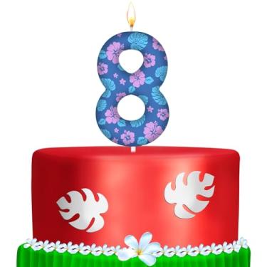 Imagem de MTLEE 1 pacote com número 8 velas de bolo de aniversário de desenho animado numerais rosa e azul folhas e flores topo de bolo de aniversário para decoração de aniversário de desenho animado Hawaii