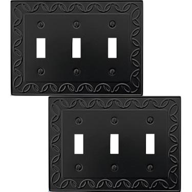 Imagem de OKAWYC Capa de interruptor de luz tripla NovaBloom placa de parede de metal, pacote com 2 unidades, preto, 3 grupos, capa decorativa para interruptor de luz, durável