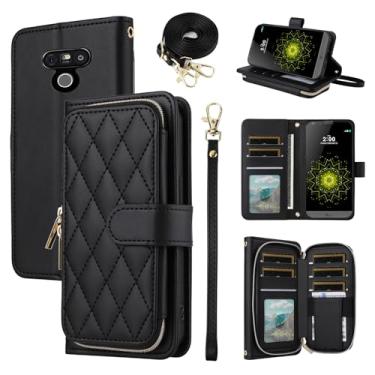 Imagem de Furiet Argyle Capa carteira para LG G5 com alça de pulso, alça de ombro, mais de 9 compartimentos para cartões, bolsa flip com zíper, bolsa de couro PU de luxo com suporte quadriculado para celular