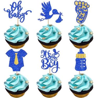 Imagem de Rsstarxi 24 Pack Oh Baby Cupcake Toppers Baby Boy Cupcake Toppers Blue Glitter Jumpsuit Baby Bottle Cupcake Picks Decorations for Baby Shower It's a Boy Party Cake Decorations Supplies