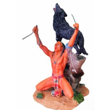 Imagem de Estátua Índio Guerreiro Xamã E Lobo Negro Decor Incensário - Althea Ar
