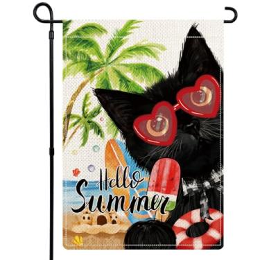 Imagem de YOVOYOA Bandeiras de jardim de gato preto de verão para exterior, bandeiras de jardim de verão para gatos de praia, coqueiro, picolé, picolé, 30 x 45 cm, dupla face, gatinho fofo, sazonal, bem-vindo,