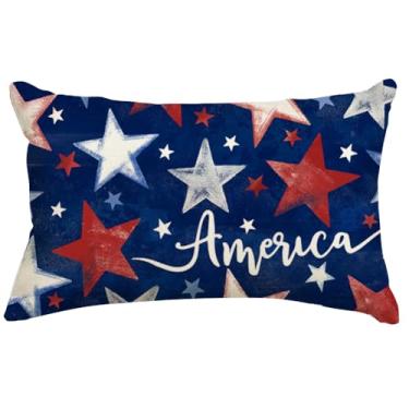 Imagem de RABUSOFA Capas de almofada de 4 de julho 30 x 50 cm, capa de almofada patriótica do Dia da Memorial, Dia da Independência, América, vermelha, branca e azul, decoração lombar para sofá doméstico (2