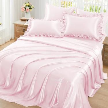 Imagem de Homiest Jogo de lençol solteiro de cetim com babados, 4 peças, rosa blush com bolso profundo de 38 cm, 1 lençol de cima, 1 fronha com babados e 1 fronha, semelhante a lençóis de seda