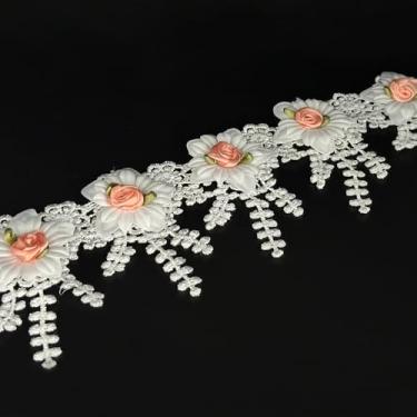 Imagem de 1 jarda vintage flor branca renda borda acabamento fita apliques florais tecido bordado renda para casamento vestido de noiva roupas festa fantasia chapéu decoração (branco, 1 jarda)