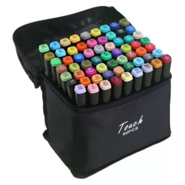 Imagem de Canetinha Ponta Dupla para Colorir Kit Estojo de Canetas Escolar Marcador Coloridas Permanente Duas Pontas (60 Cores)