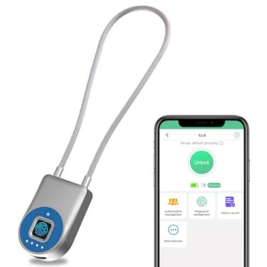 Imagem de Cadeado com cordão à prova d'água com impressão digital eLinkSmart Bluetooth App Bloqueio de bicicleta Bloqueio de viagem ao ar livre - Trava de cabo de aço de 38 cm para crianças, adultos, geladeira
