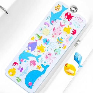 Imagem de Tapete de banho infantil antiderrapante para banheira extra longo 102 x 40 cm, tapete de chuveiro antiderrapante com ventosas e orifícios de drenagem, lavável na máquina (peixes do mar)
