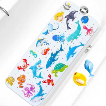 Imagem de Tapete de banho infantil antiderrapante para banheira extra longo 102 x 40 cm, tapete de chuveiro antiderrapante com ventosas e orifícios de drenagem, lavável na máquina (animais do oceano)