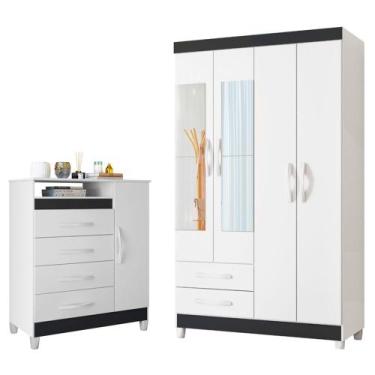 Imagem de Quarto Solteiro Completo Guarda Roupa Âmbar 4 portas com Espelho Cômod