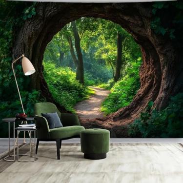 Imagem de FENDROM Tapeçaria de floresta encantada manhã sol através da natureza árvore verde trilha caminho caverna tapeçarias pendurar na parede para sala de estar quarto decoração de casa