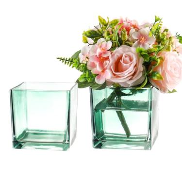 Imagem de MARTAGE Conjunto de 2 vasos quadrados de vidro verde, vasos quadrados de 15 x 15 x 15 cm, vasos de flores para centros de mesa, vasos de flores para vasos quadrados, vaso pequeno para casamento, festa