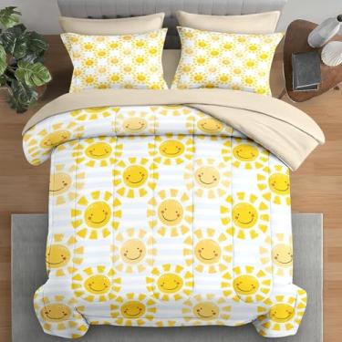 Imagem de Pamnest Jogo de cama solteiro, 5 peças, com estampa de sol fofo, para crianças e adultos, praia e verão, lençol com elástico, fronha e fronha para decoração de quarto
