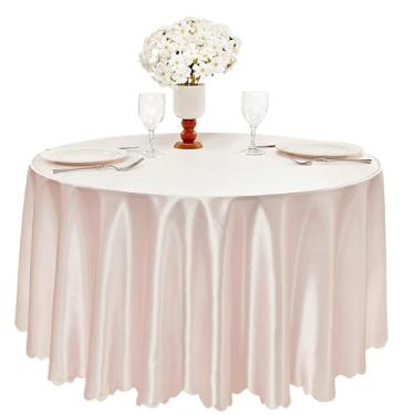 Imagem de Counfeisly 1 pacote com 152 cm, toalha de mesa redonda rosa blush, toalha de mesa de cetim sedoso com sobreposição de tecido liso, decoração de mesa para festas de casamento e eventos de banquete