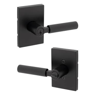 Imagem de Kwikset Maçaneta de porta de entrada Mirada com trava e chave, exterior de alavanca reversível com chave segura, fechadura para porta da frente, preto fosco, segurança SmartKey resistente a picaretas