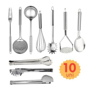 Imagem de Jogo Kit de Utensilios de Cozinha em Inox com 13 peças Pegador Colher 