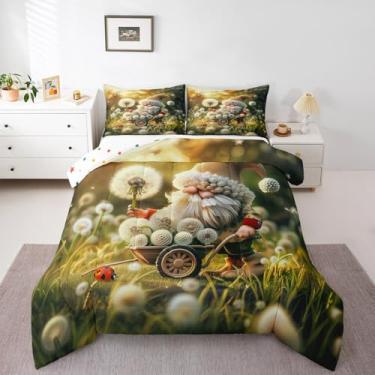 Imagem de Manfei Conjunto de edredom de gnomo de primavera, solteiro, dente de leão branco, 2 peças, edredom botânico selvagem para todas as estações, decoração de quarto de meninos e meninas, enchimento de